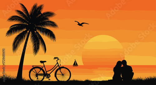 Romantic sunset couple vector, tropical beach illustration with palm tree and sailboat, peaceful evening scene, love and nature artwork