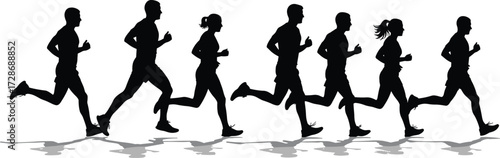 Running group silhouette vector, athletic motion illustration, male and female joggers in stride, fitness and competition artwork, black and white design