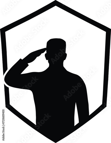 Saluting soldier silhouette vector, shield emblem design, military honor graphic, patriotic tribute artwork, black silhouette illustration, service recognition theme