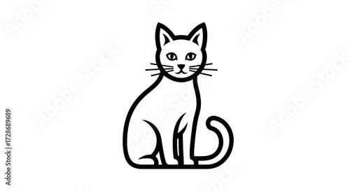 Minimalist illustration of a seated cat with a curled tail, rendered in black lines on a white background.