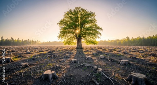 A solitary tree stands tall amidst a deforested landscape, bathed in sunlight.