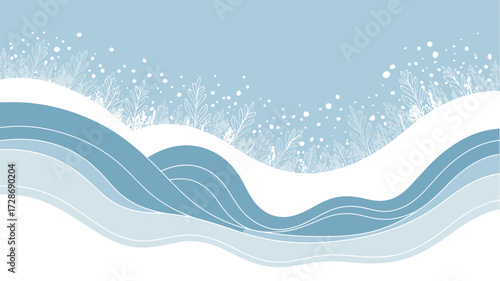 Abstract winter landscape with snow covered hills and stylized plants in a pastel color palette