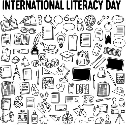 International Literacy Day doodle with school, reading, and education supplies vector illustration