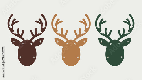Three reindeer heads in brown tan and green with snowflakes on a white background christmas holiday art
