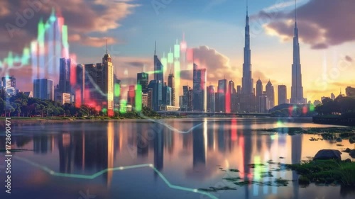 Wallpaper Mural Financial Investment Visuals: Skyscrapers and Trading Charts Over Reflecting Waters Torontodigital.ca