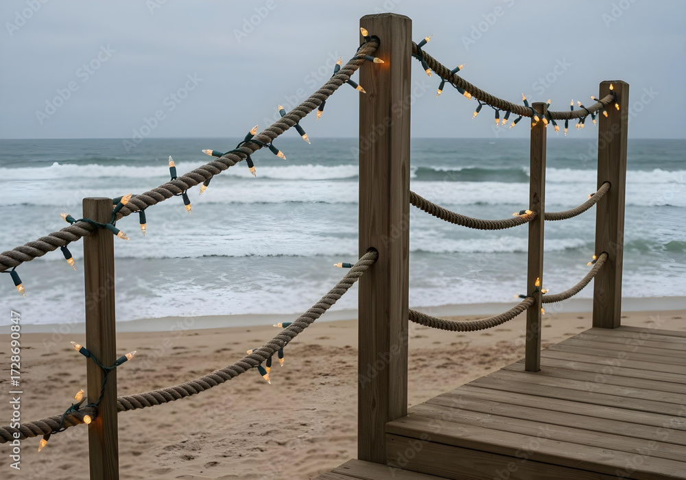 Naklejka premium wooden beach boardwalk with rope railing and string lights overlooking ocean waves