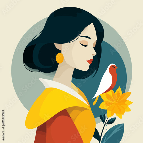 Woman with a bird and flower