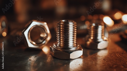 Close up metal bolts and nuts