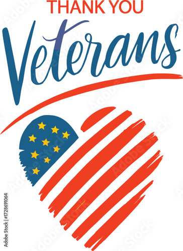 Thank You Veterans vector design, patriotic heart illustration, American flag tribute graphic, red white blue theme, military appreciation artwork
