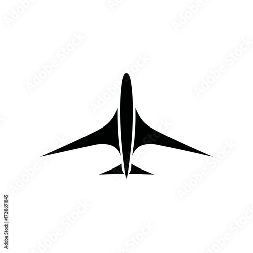 Sleek, symmetrical black airplane in upward view on a solid white background