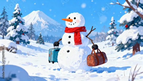 Snowman with suitcase and bag ready for winter vacation. Christmas holiday travel concept. Cheerful character in a snowy mountain landscape. Adventure and journey awaits.