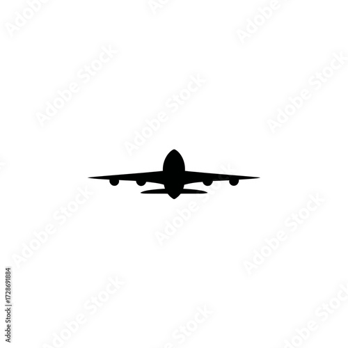Silhouette of a passenger jet, head-on, centered in the image, on a white background