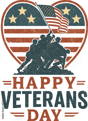 Veterans Day heart vector, patriotic flag tribute illustration, soldier silhouette graphic, vintage color design, honoring military service, American celebration art