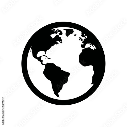 Black and white globe illustration showing Americas and Europe in simple design