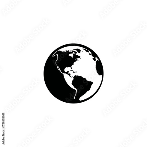A stylized black and white globe depicting the Americas against a white background