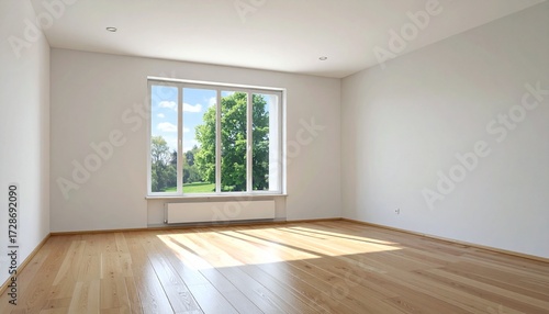 Wallpaper Mural A bright empty room with wooden flooring and large windows, filled with natural sunlight and offering a clear view of green trees outside. Torontodigital.ca