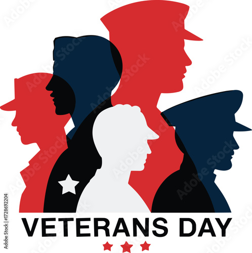 Veterans Day vector design, military personnel silhouette illustration, red white blue tribute graphic, patriotic appreciation artwork, armed forces celebration