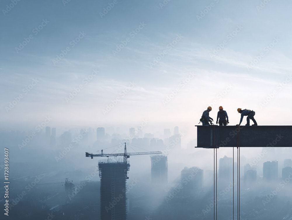 Obraz premium Workers constructing a skyscraper against a misty cityscape. Symbolizing progress, teamwork, and ambition. Ideal for business, engineering, and real estate.