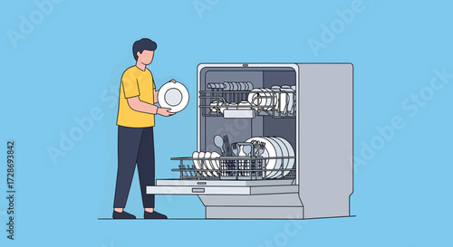 Man loading dishes into a dishwasher, illustration of kitchen appliance and housework.
