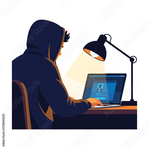 High-Quality Flat Vector Illustration: Hooded Hacker Working on Laptop at Night