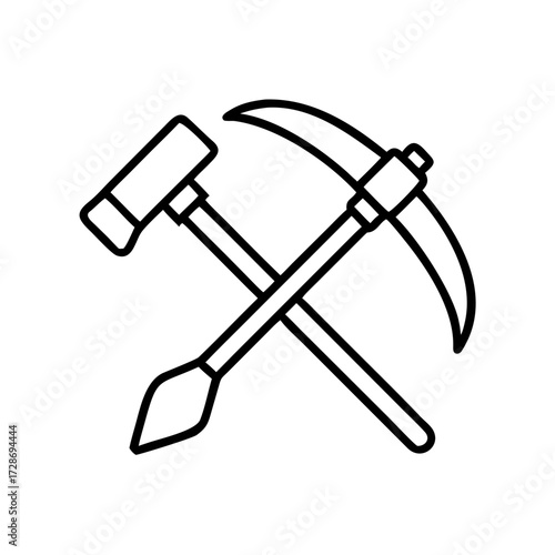 Mining tools including pickaxe and hammer in simple line design  
