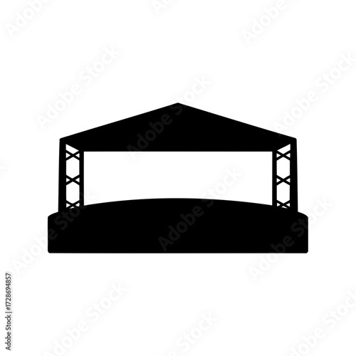 Black silhouette of an outdoor concert stage, featuring truss support system