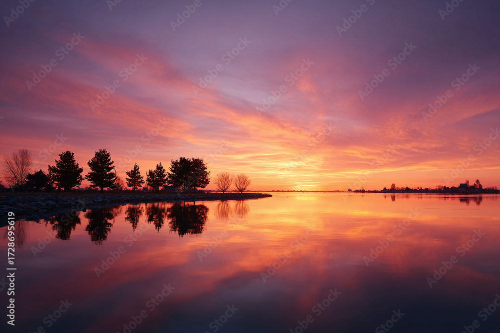 Obraz premium Serene landscape featuring a vivid sunset reflecting on calm water. Trees line the shore, silhouetted against the colorful sky. Perfect for conveying peace, nature, or reflection.