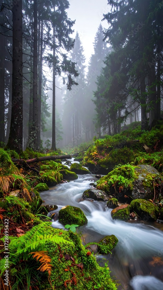 Fototapeta premium Misty forest stream (1)