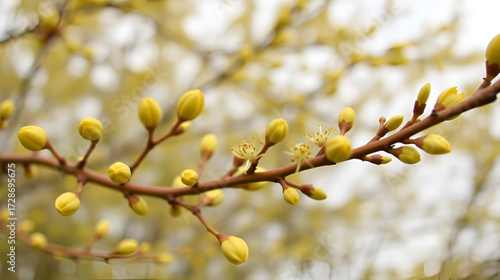 Yellow buds and flowers on the branches of the goof angustifolia