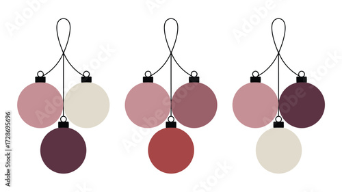 Three sets of christmas ornaments hanging with different color combinations on a white background flat lay