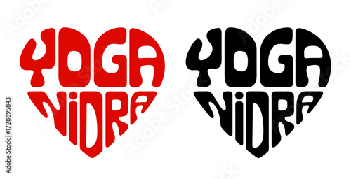 Heart-shaped sticker set featuring "YOGA NIDRA" in colorful and black design. Guided meditation for "yogic sleep," while lying down in the Savasana pose