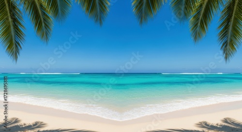 Tranquil tropical beach paradise with palm leaves and turquoise ocean waters