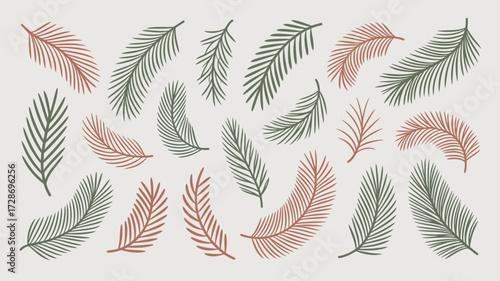 Pattern of stylized pine tree branches in green and red colors scattered on a light background evenly
