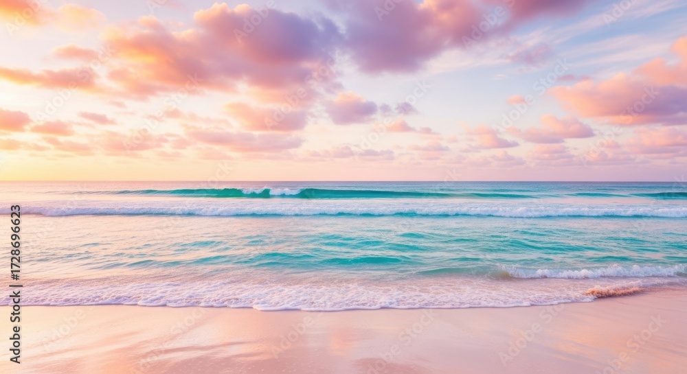Obraz premium Serene beach scene with pastel sunset clouds and gentle waves calming ocean view
