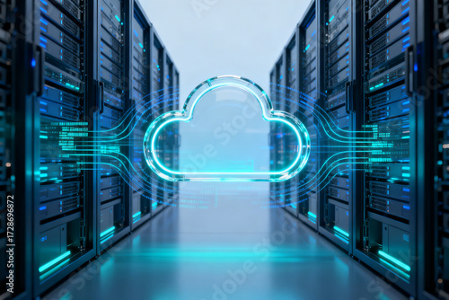 Server room with glowing cloud network symbol representing cloud computing technology