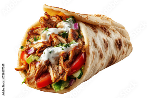 Grilled doner kebab wrap filled with sliced meat, lettuce, tomato, and sauce, captured isolated on white transparent background. Traditional Arabic food