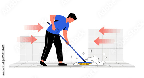 A man in a blue shirt and black pants cleans a tiled floor with a broom and soap suds, with red arrows indicating movement.