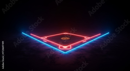 Neon baseball field with red and blue lights on a dark background.