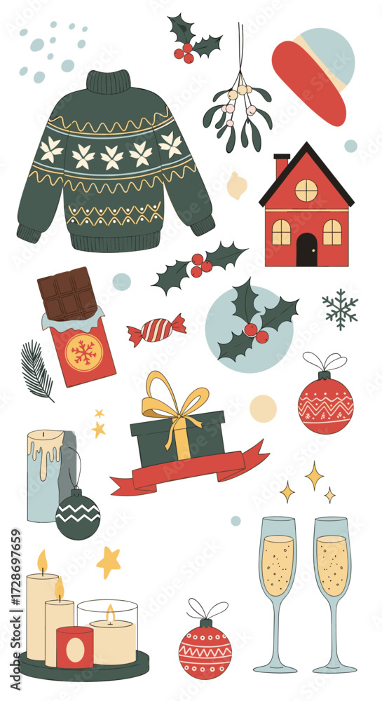 Fototapeta premium A collection of festive holiday decorations and gifts including a sweater and candles.