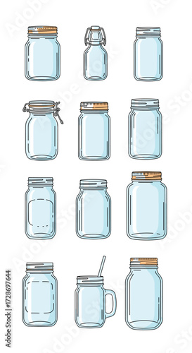 Collection of assorted glass jars and containers with lids for storage and preservation.