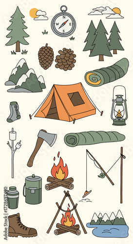 A collection of camping and outdoor adventure illustrations perfect for nature lovers.