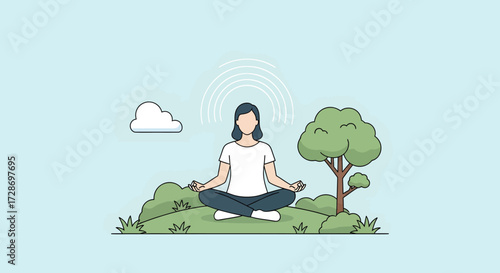 A woman meditates peacefully outdoors in a serene natural setting with trees and bushes.