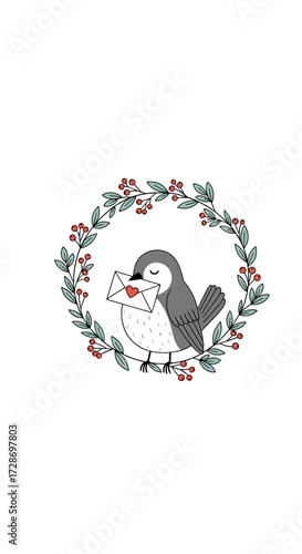 A cute little bird delivers a love letter within a floral wreath.