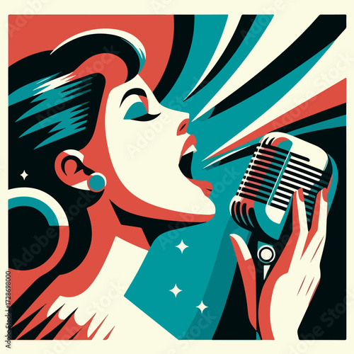 Retro Diva Singer with Vintage Microphone — Pop-Art Soul Vocal Poster (Vector)
