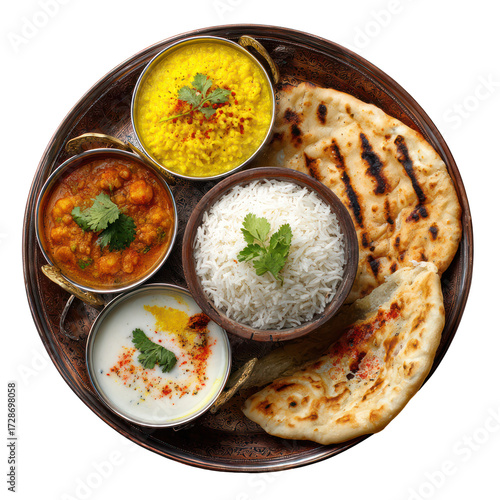 Delicious indian thali meal with naan and curries