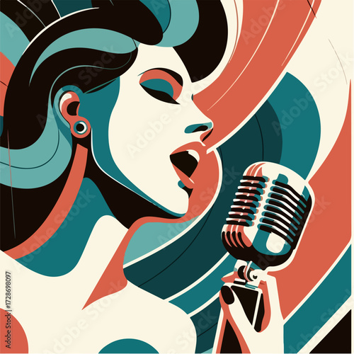 Retro Diva Singer with Vintage Microphone — Jazz Soul Vocal Performance Poster (Vector)