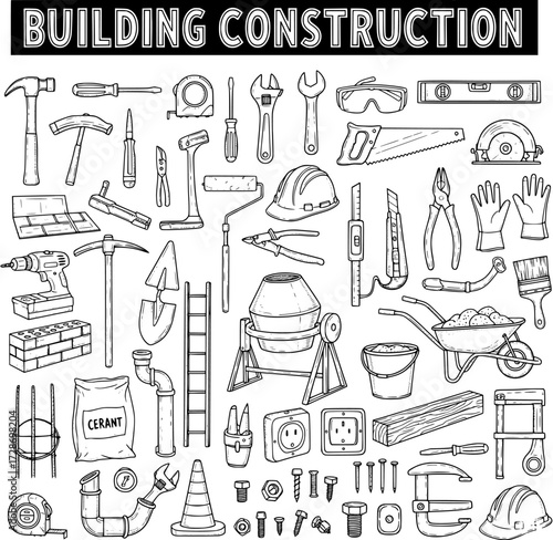 Building Construction Tools and Equipment Hand-Drawn Doodle Set