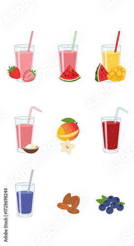 A vibrant collection of delicious and refreshing fruit smoothies served with fresh ingredients in clear glasses.