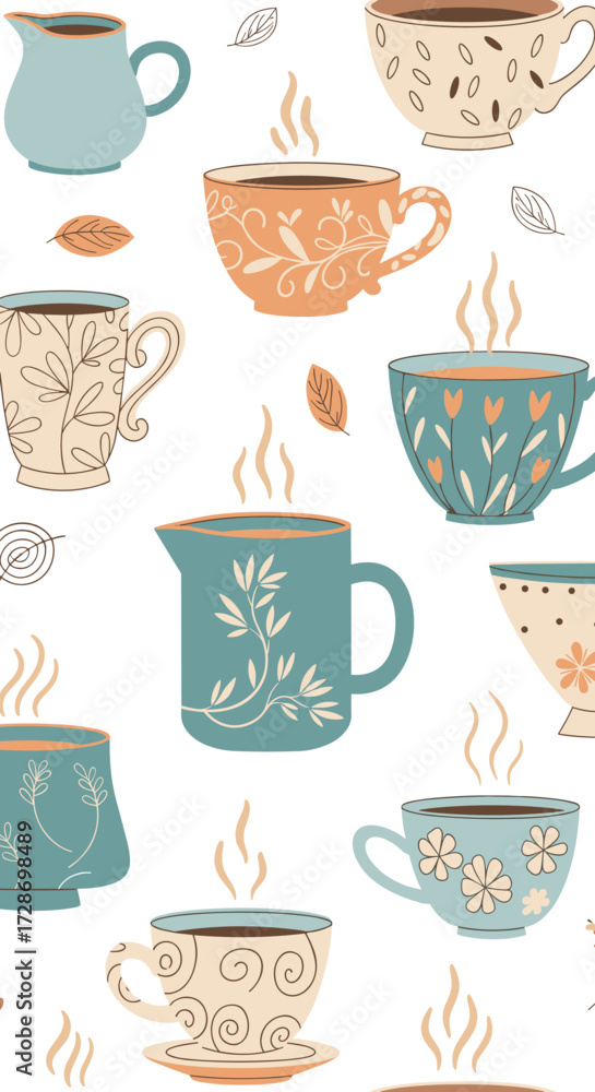 Obraz premium A charming collection of steaming ceramic mugs and pitchers with decorative patterns.