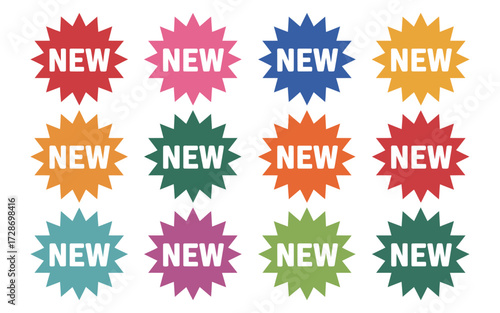 Collection of 12 colorful starburst 'new' labels vector graphics for declarative use silhouette vector illustration white background